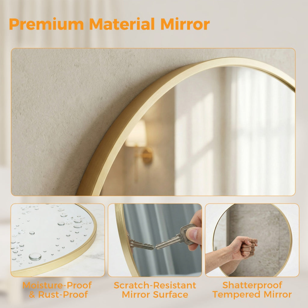 Round gold-framed wall mirror over a bathroom vanity, image 3 of 4