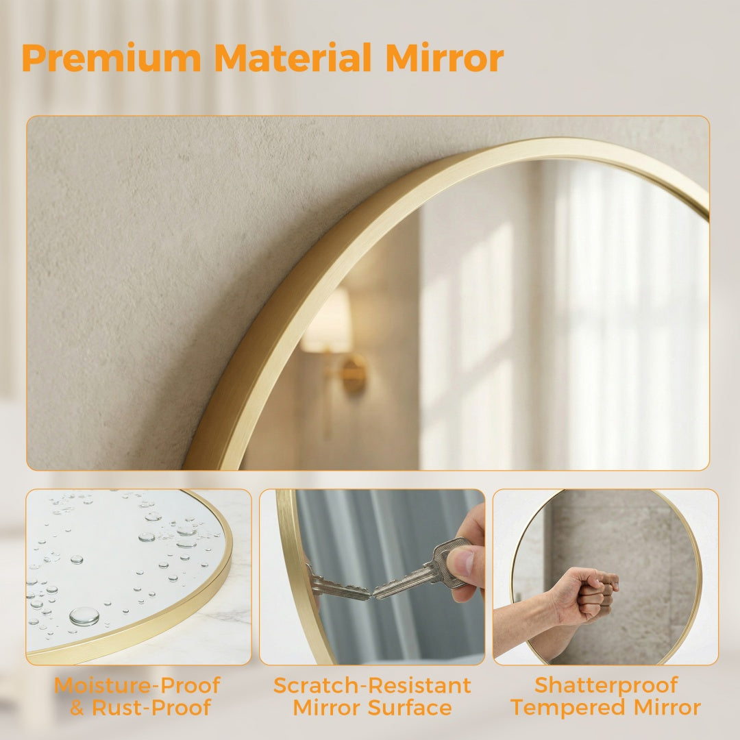 Round gold-framed wall mirror over a bathroom vanity, image 3 of 4