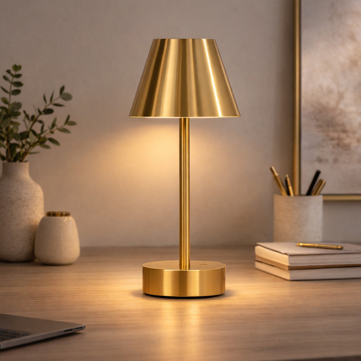 Brass-plated cordless rechargeable table lamp