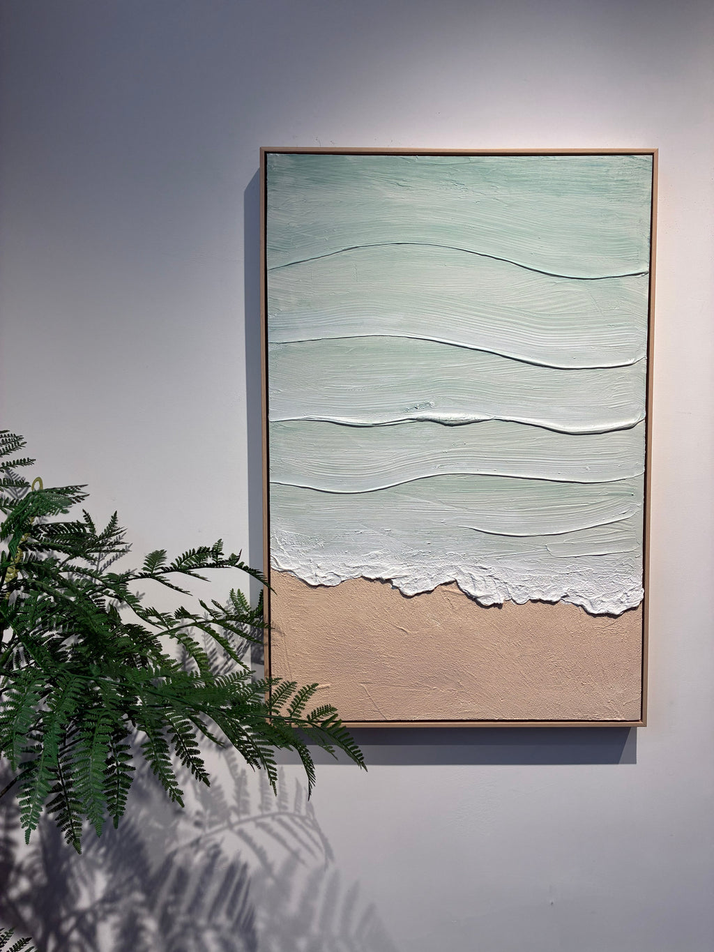 Textured coastal canvas art with mint sea and beige beach, image 1 of 5