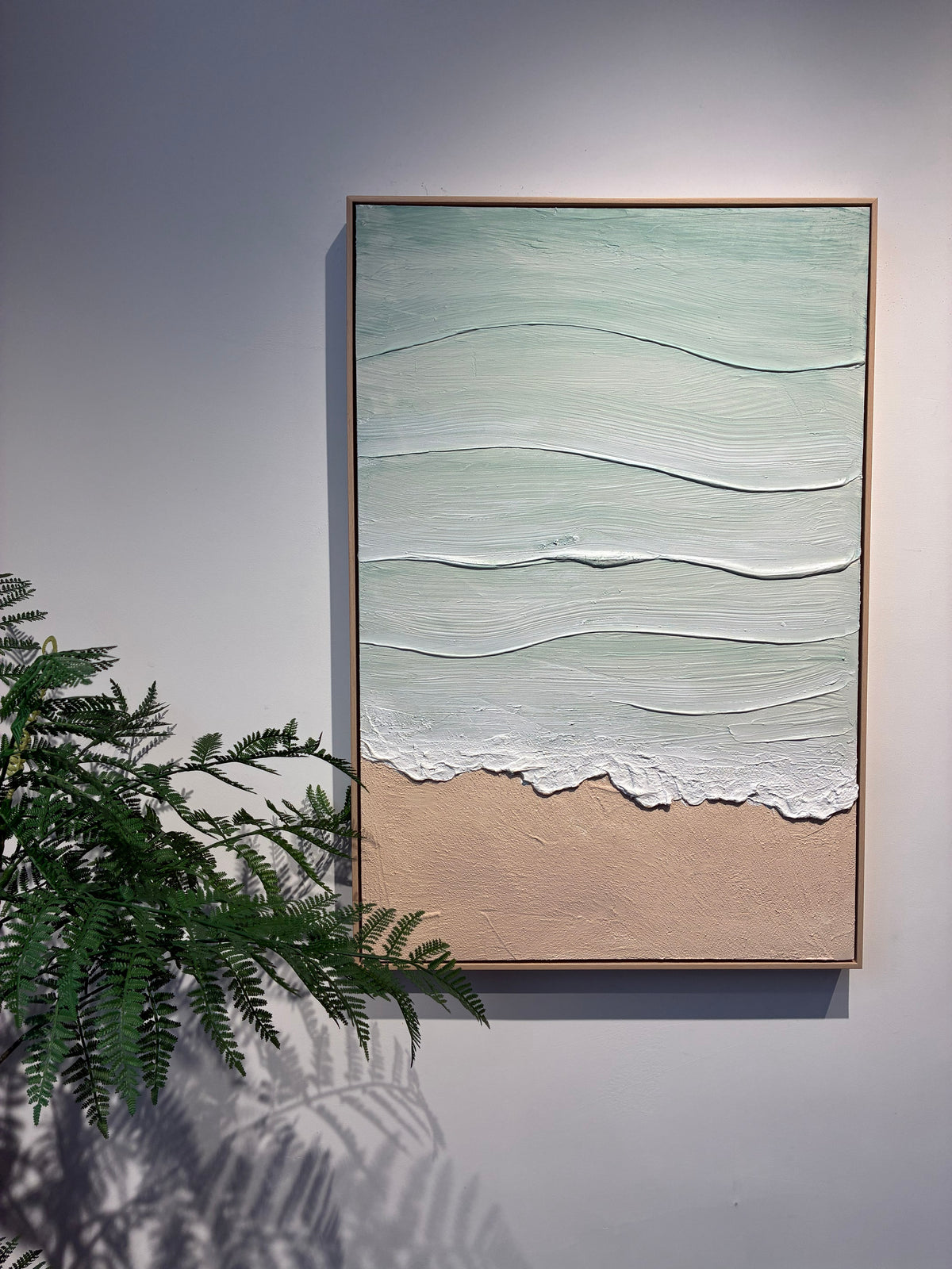 Textured coastal canvas art with mint sea and beige beach, image 1 of 5