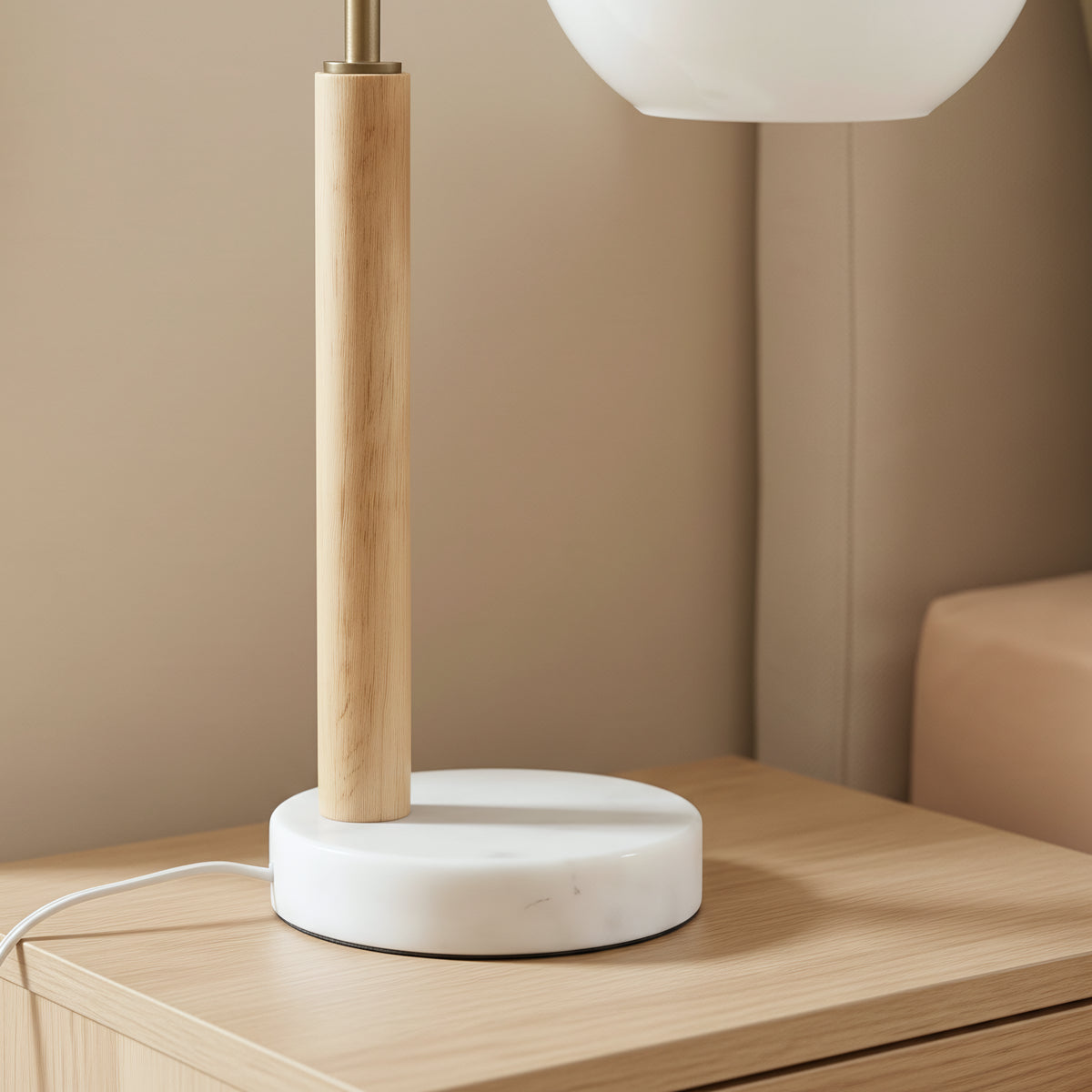 White globe table lamp with wood stem and marble base, image 3 of 5