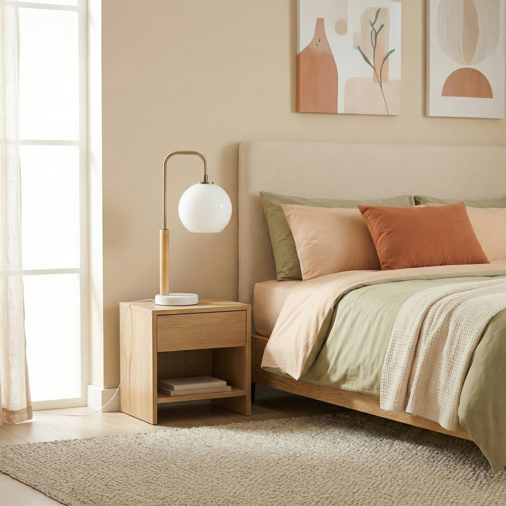 White globe table lamp with wood stem and marble base, image 2 of 5