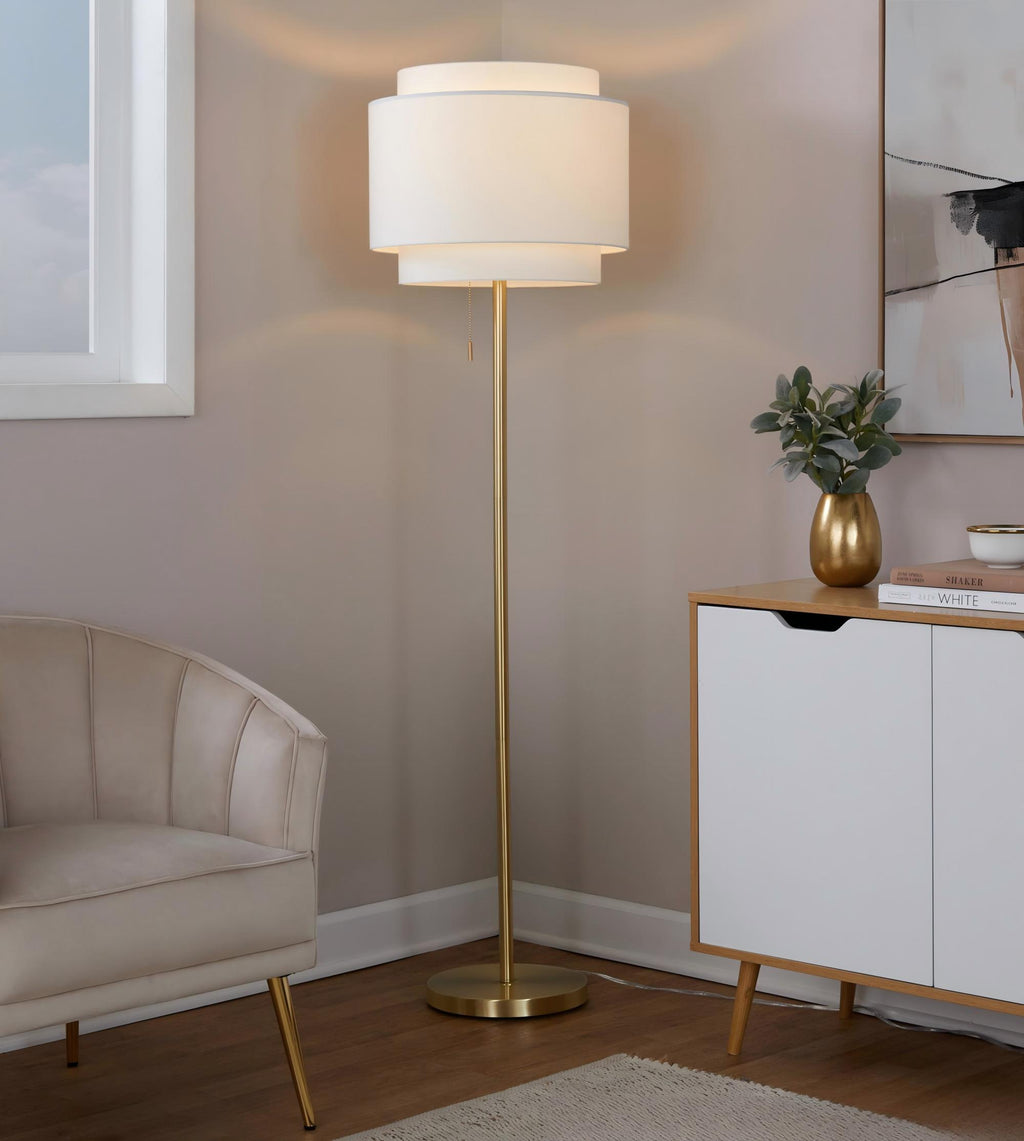 Gold floor lamp with tiered linen shade, image 1 of 6
