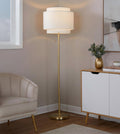 Gold floor lamp with tiered linen shade, image 1 of 6