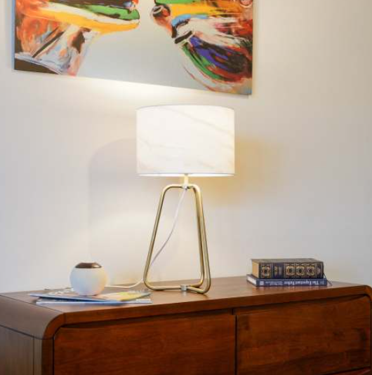 Bronze-tone table lamp with marble-print shade, image 2 of 5
