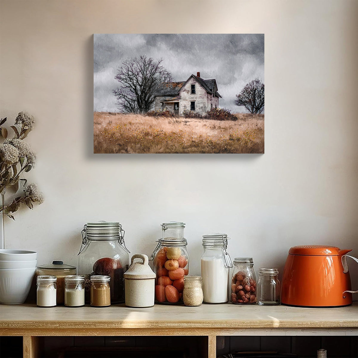 Farmhouse field landscape canvas art in a kitchen, image 1 of 3