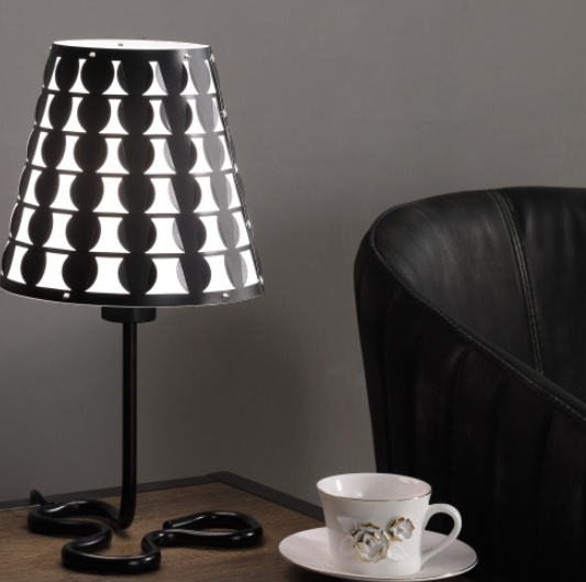 Black geometric metal table lamp with circle-pattern shade, image 4 of 5