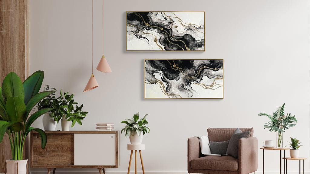 Black and gold abstract framed canvas set of two, image 2 of 4