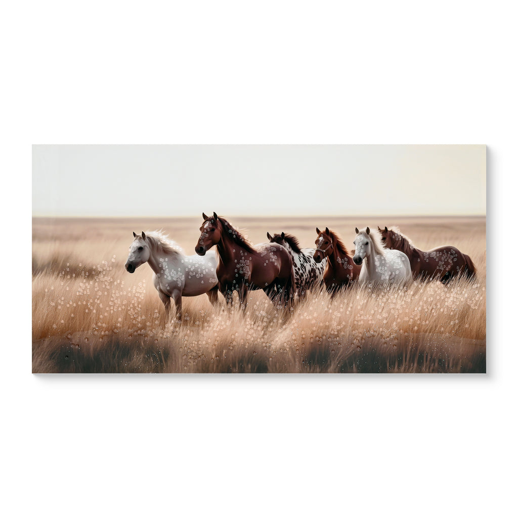 Canvas of horses in golden grassland above a sofa, image 1 of 4