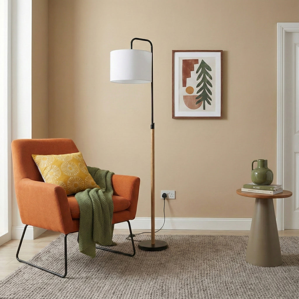 Arched floor lamp with wood pole and white shade, image 4 of 5