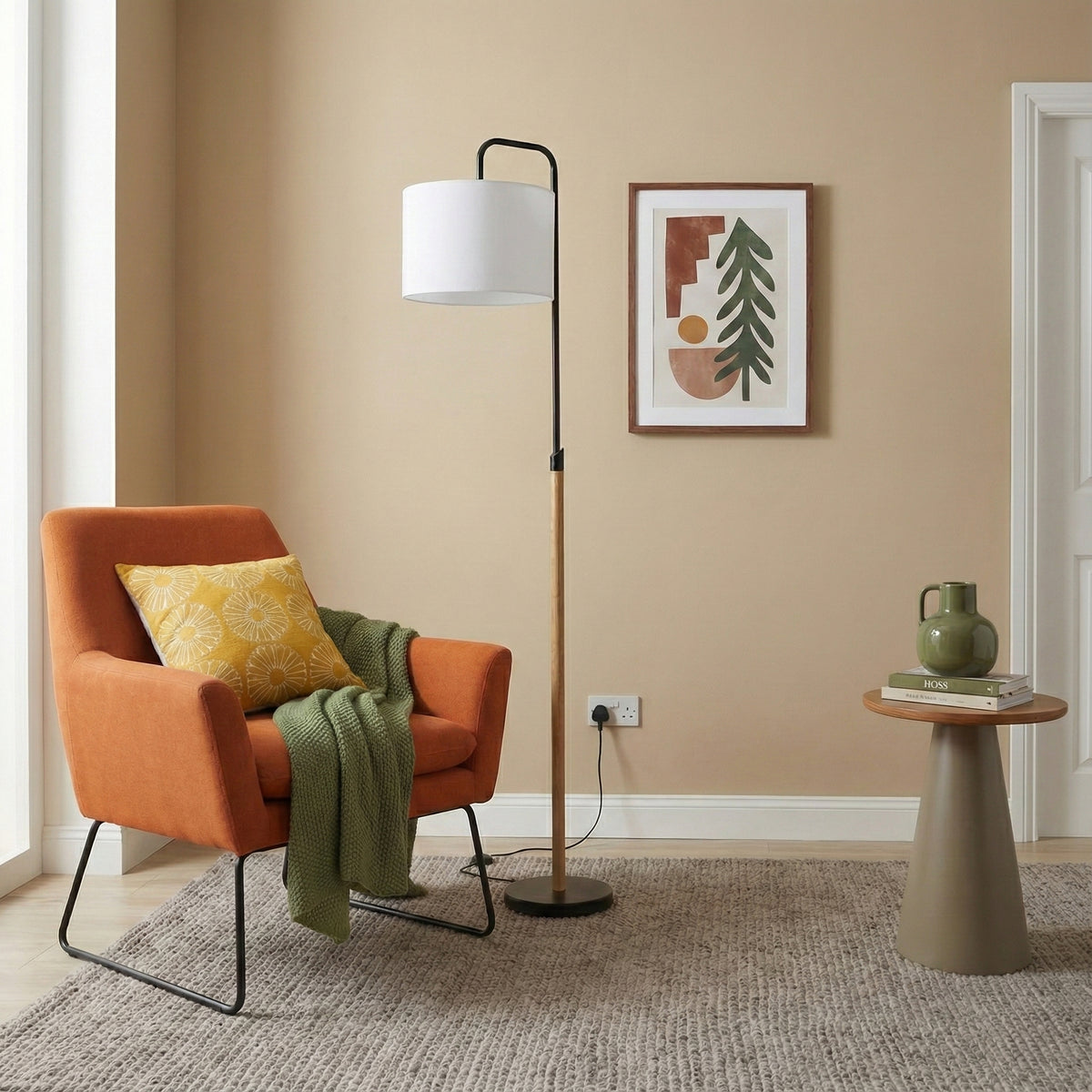 Arched floor lamp with wood pole and white shade, image 4 of 5
