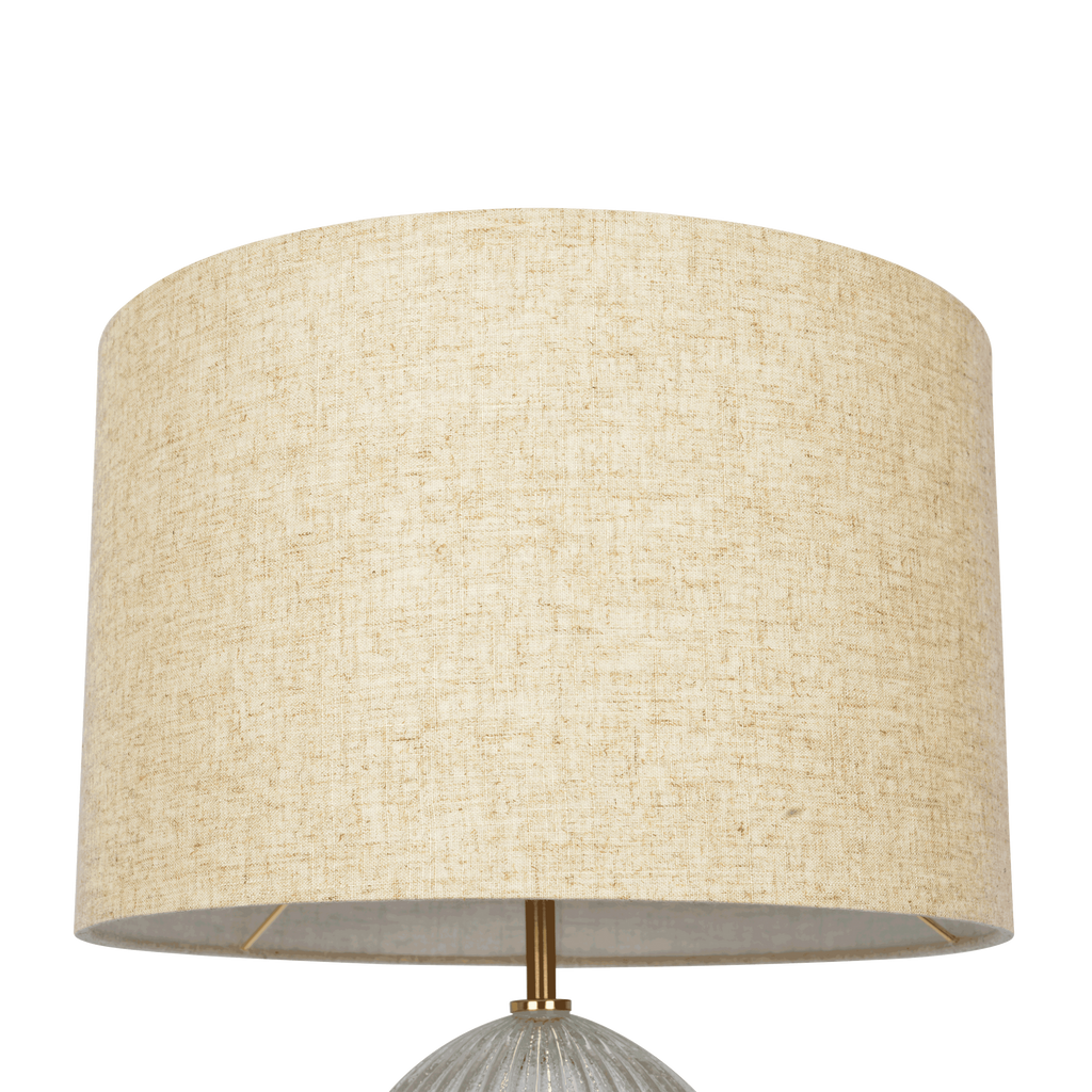Ribbed clear glass table lamp with gold base and drum shade, image 3 of 4