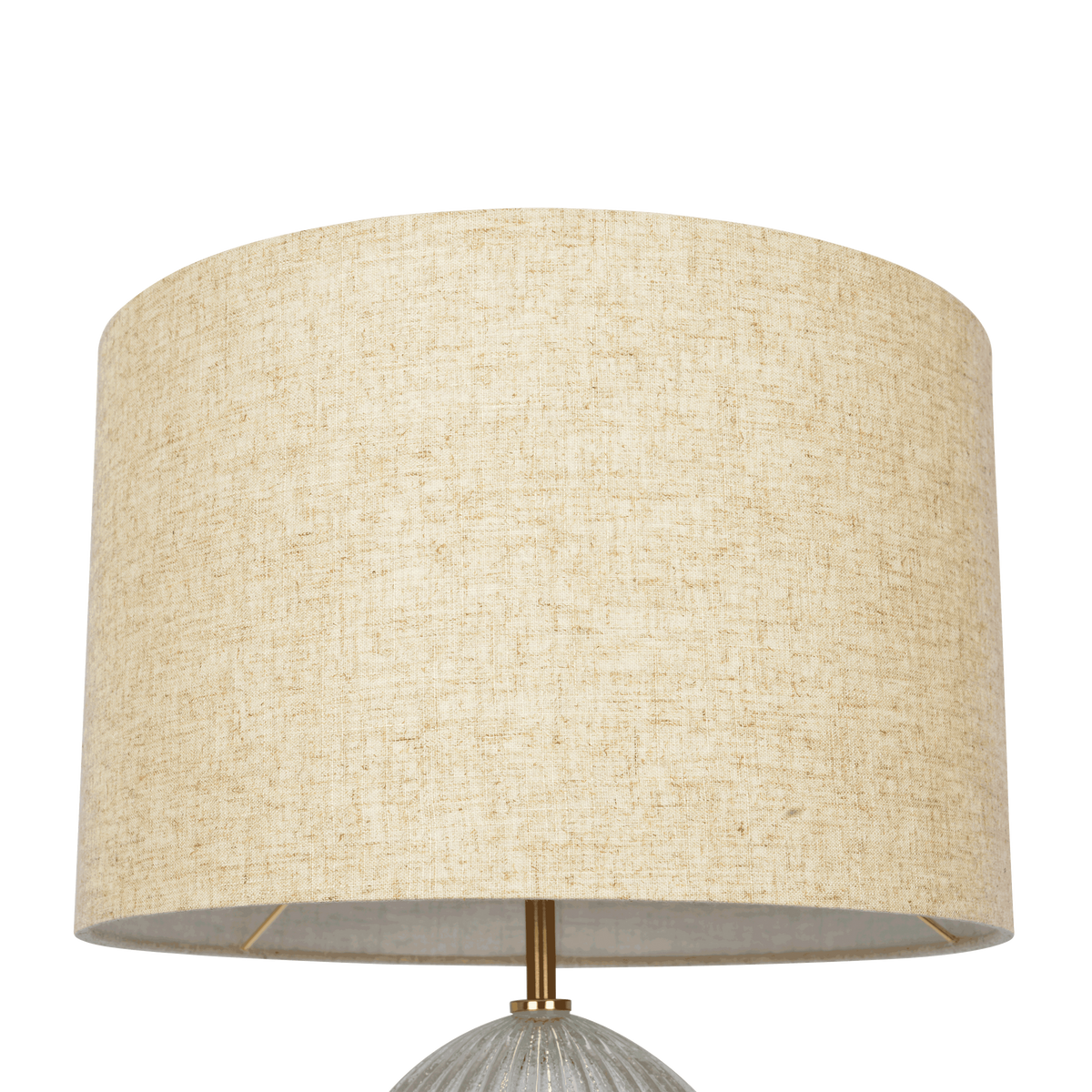 Ribbed clear glass table lamp with gold base and drum shade, image 3 of 4