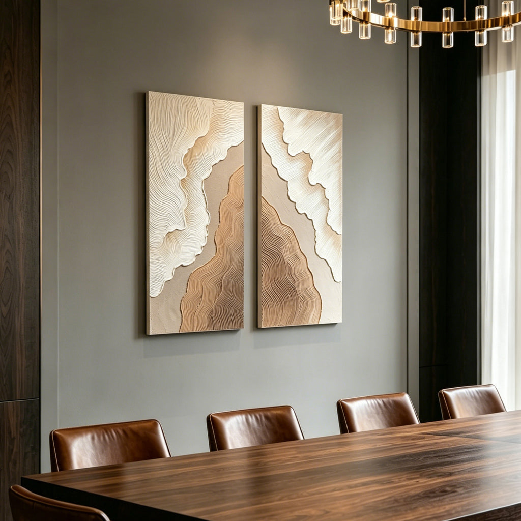 Set of 2 abstract textured canvas panels in white and brown, image 2 of 5