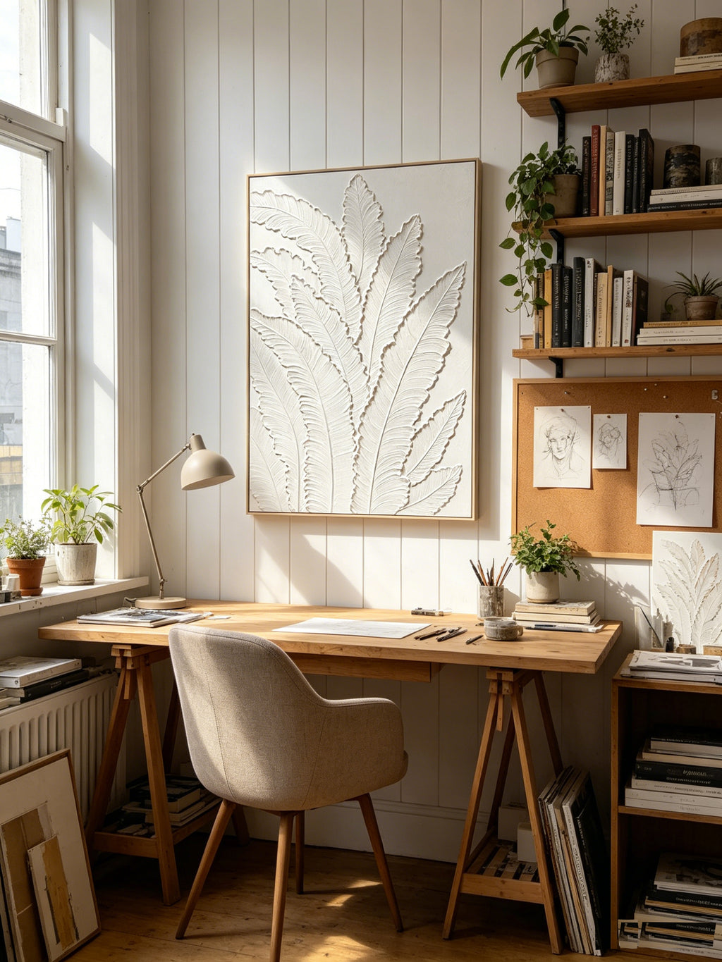 White textured leaf canvas wall art, framed, image 3 of 5