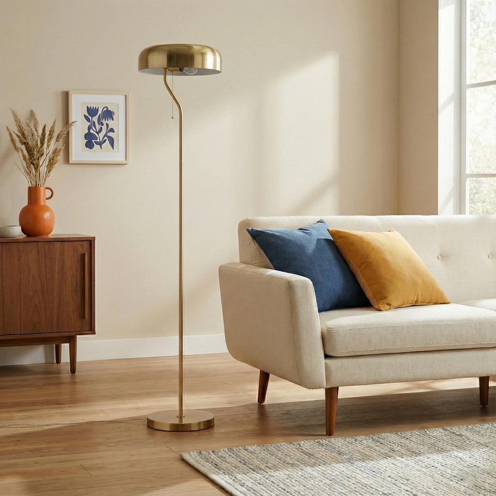 Gold dome floor lamp beside a sofa, image 5 of 5