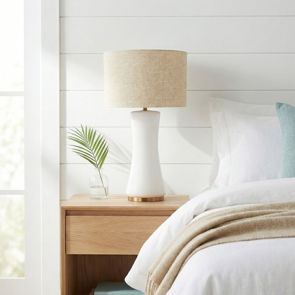 Off-white glass table lamp with gold base and fabric drum shade, image 2 of 5