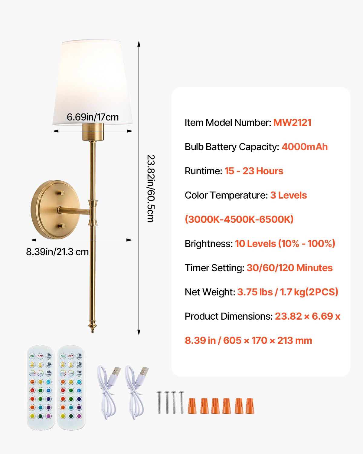 Gold battery-operated wall sconce with white shade, image 4 of 6