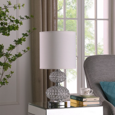 Chrome crystal-bead table lamp with white drum shade, image 2 of 3