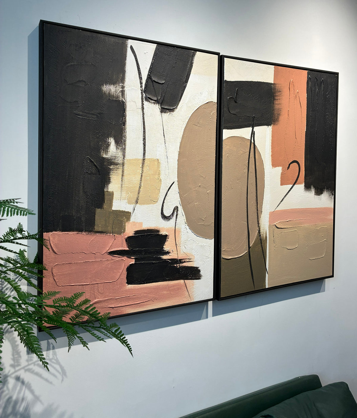 Set of 2 framed abstract canvas panels in black and terracotta, image 1 of 5
