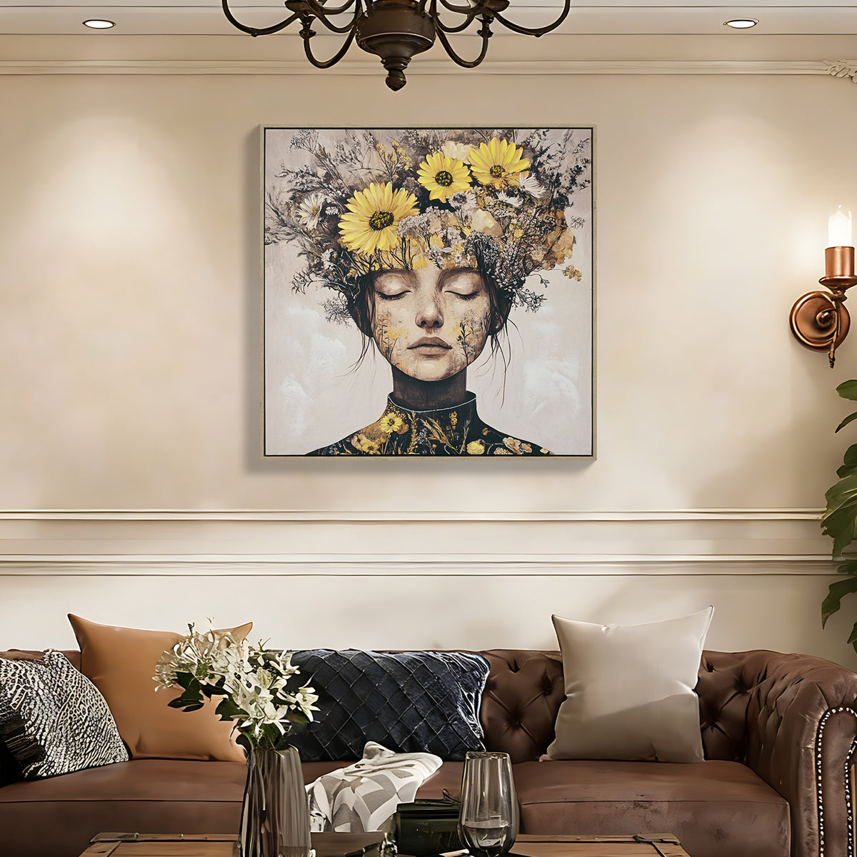 Framed canvas of a woman with yellow sunflowers, image 2 of 4