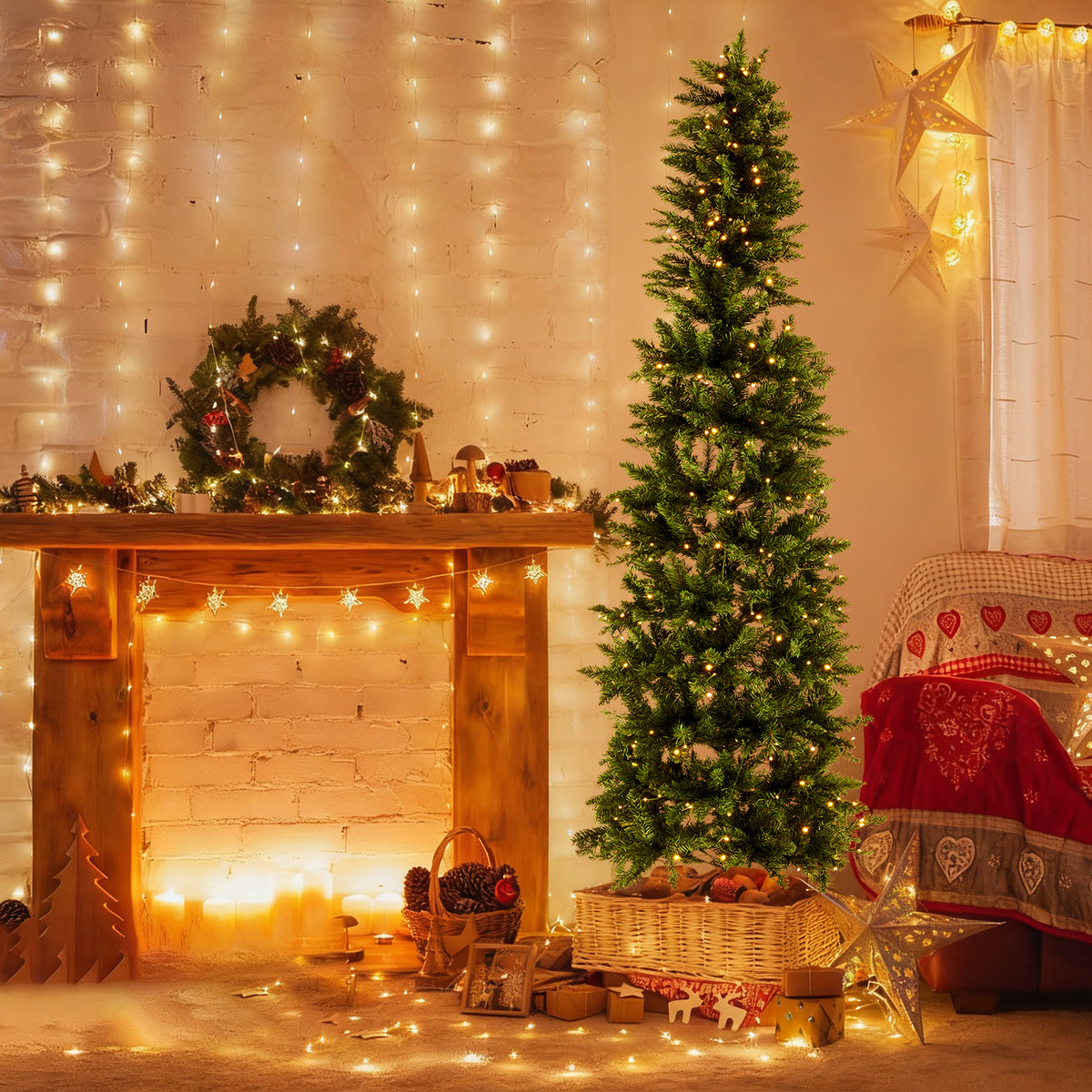 Pre-lit slim green pencil Christmas tree in a living room, image 1 of 5