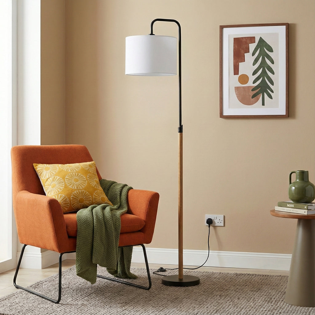Arched floor lamp with wood pole and white shade, image 5 of 5