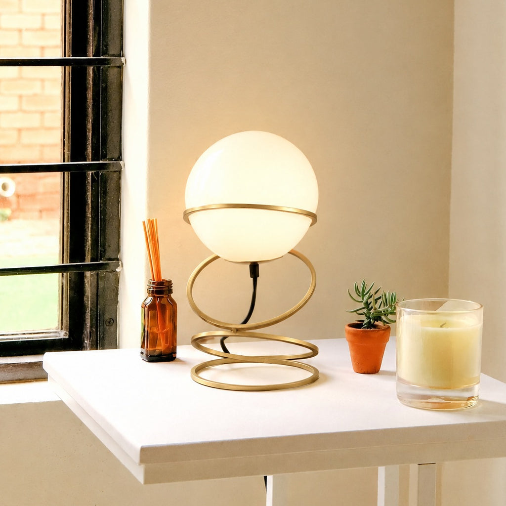 Glass Globe Table Lamp on Matte Gold Spiral Stand, 13.5 in in a real room