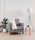 Adjustable Tripod Floor Lamp, Chrome and Silver, Linen Drum Shade in a real room