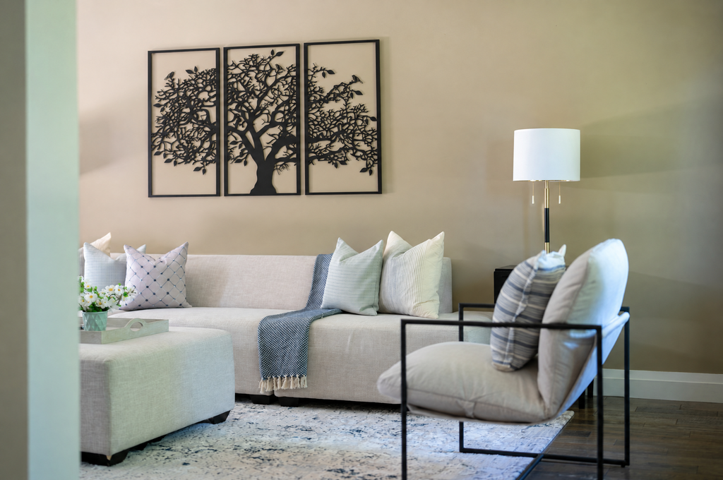 Tree of Life Metal Wall Art, Three-Panel Set in a real room, wider view