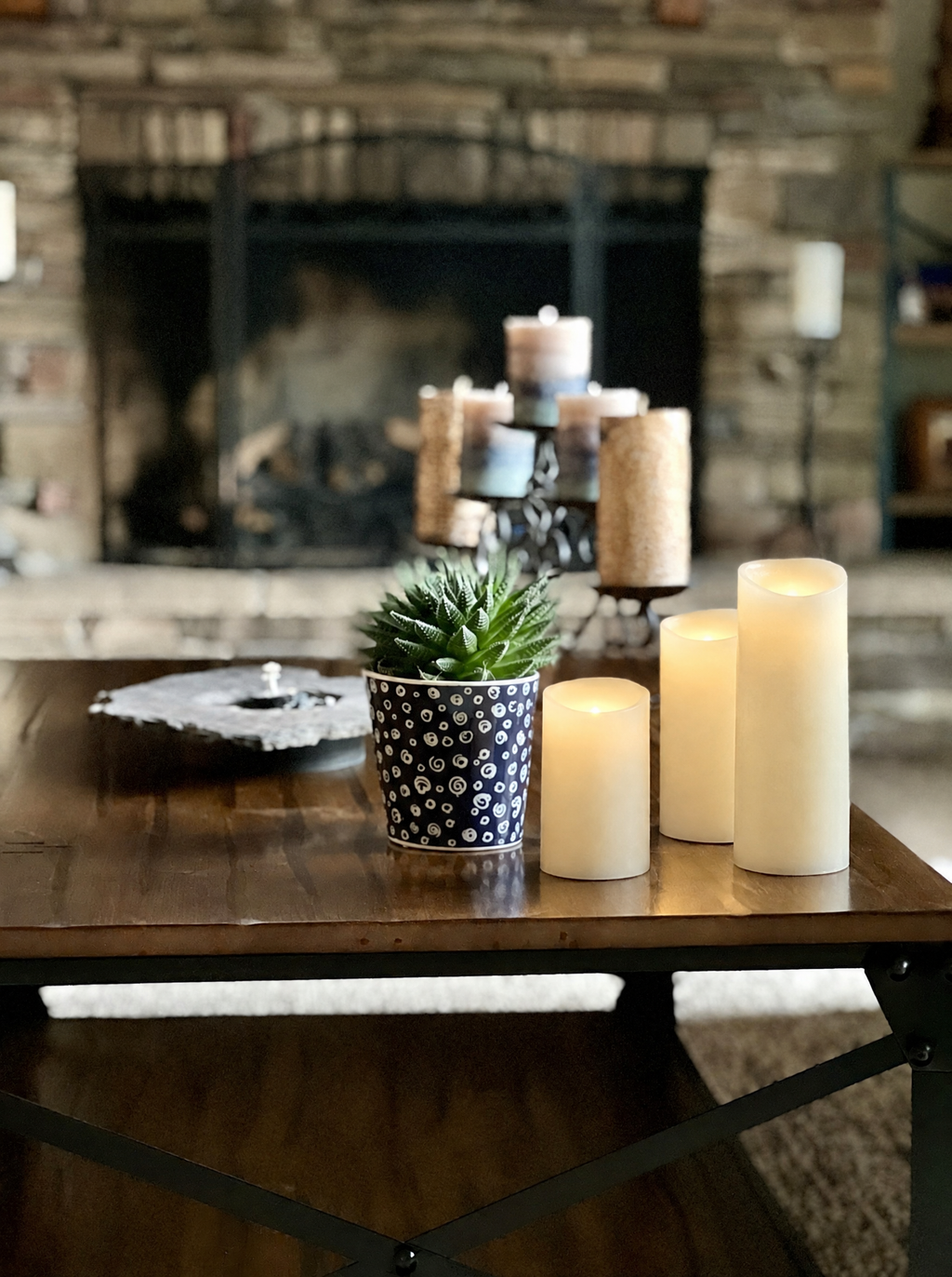 Flameless LED Pillar Candles, Set of 3, Ivory, with Remote in a real room, wider view