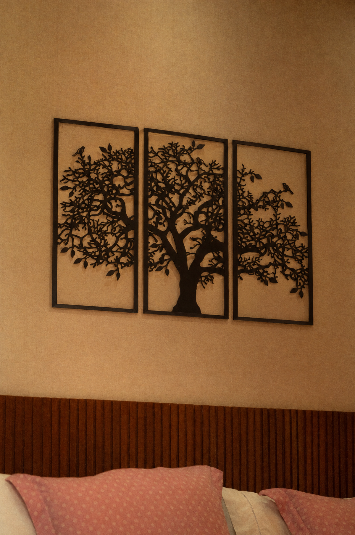 Tree of Life Metal Wall Art, Three-Panel Set in a real room