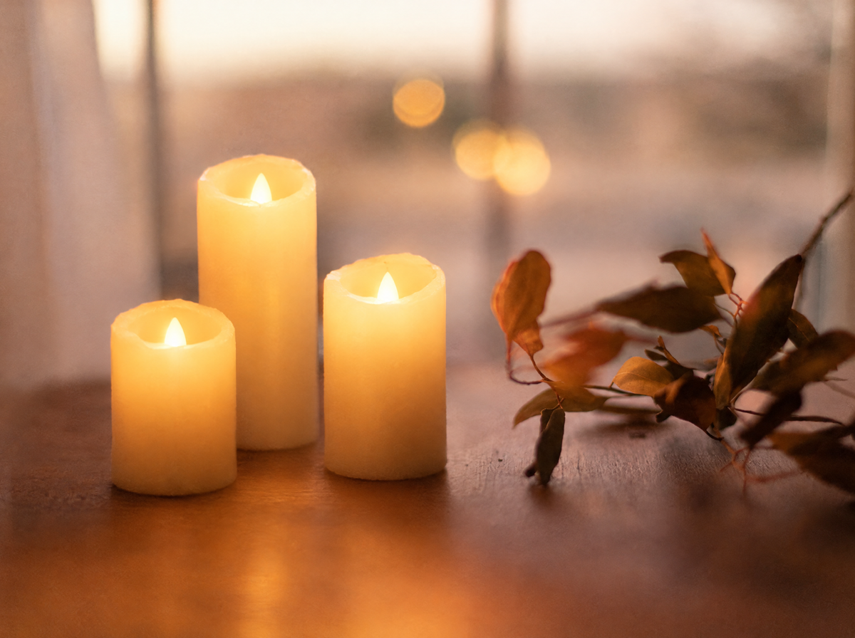 Flameless LED Pillar Candles, Set of 3, Ivory, with Remote in a real room