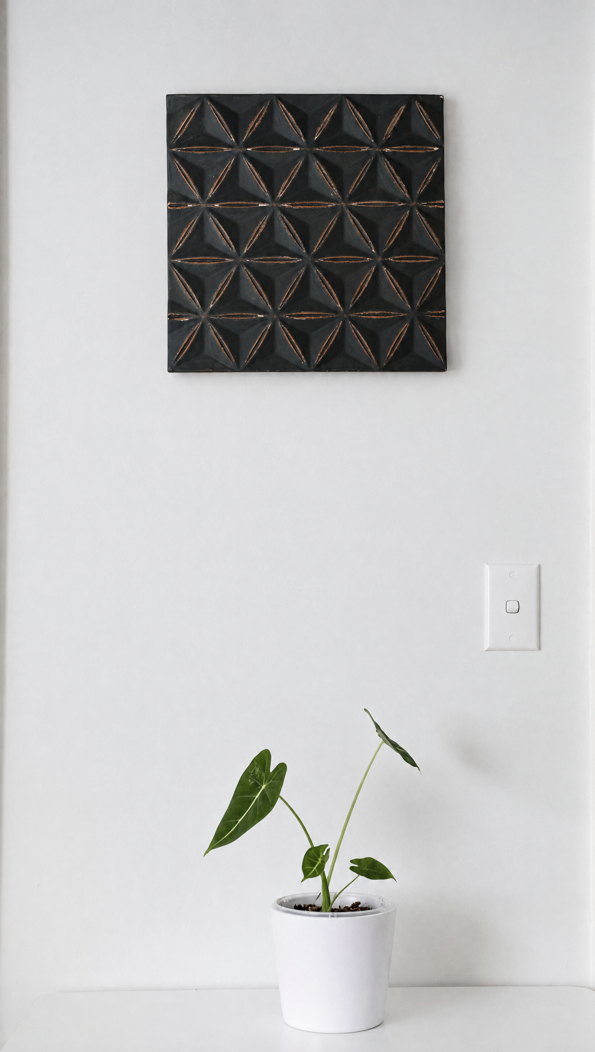 Square Geometric Wall Art Panel, Black, 16 x 16 in in a real room, wider view