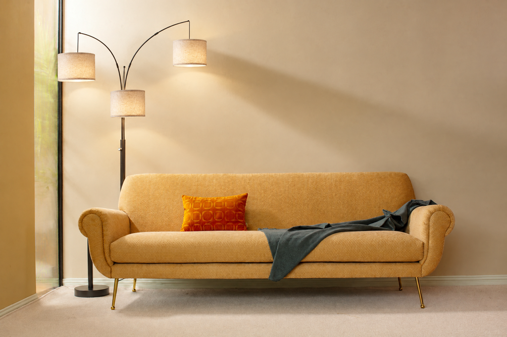 Three-Arm Arc Floor Lamp with Drum Shades, Black, Dimmable in a real room, wider view