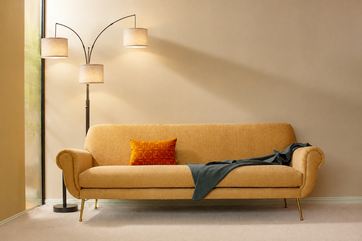 Three-Arm Arc Floor Lamp with Drum Shades, Black, Dimmable in a real room, wider view