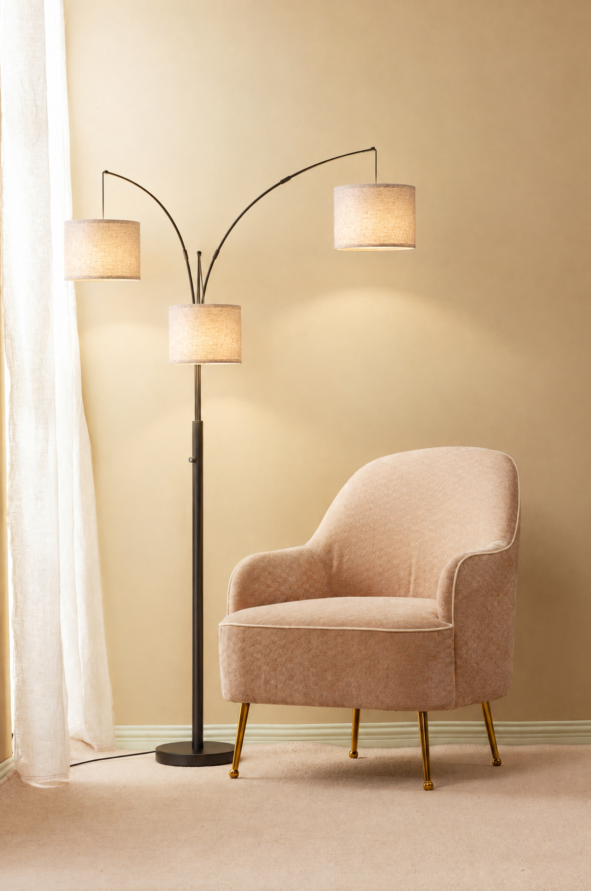 Three-Arm Arc Floor Lamp with Drum Shades, Black, Dimmable in a real room