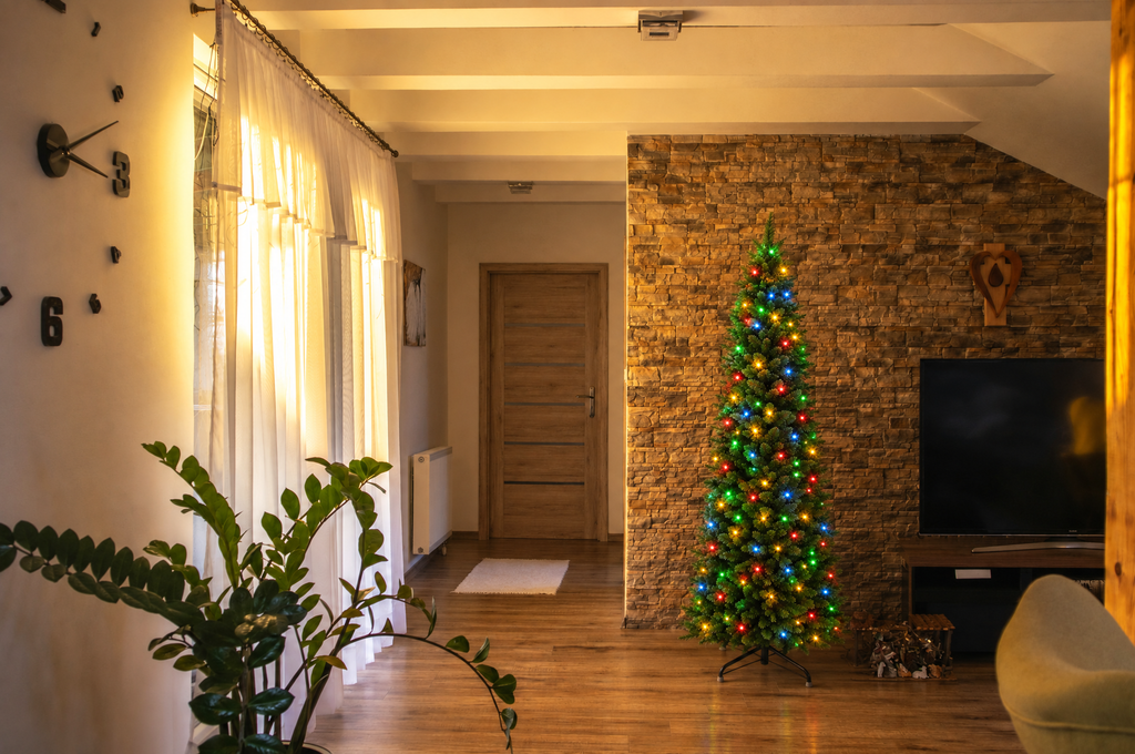 Pre-Lit Pencil Christmas Tree, 4.5 ft Fraser Fir with LEDs in a real room, wider view