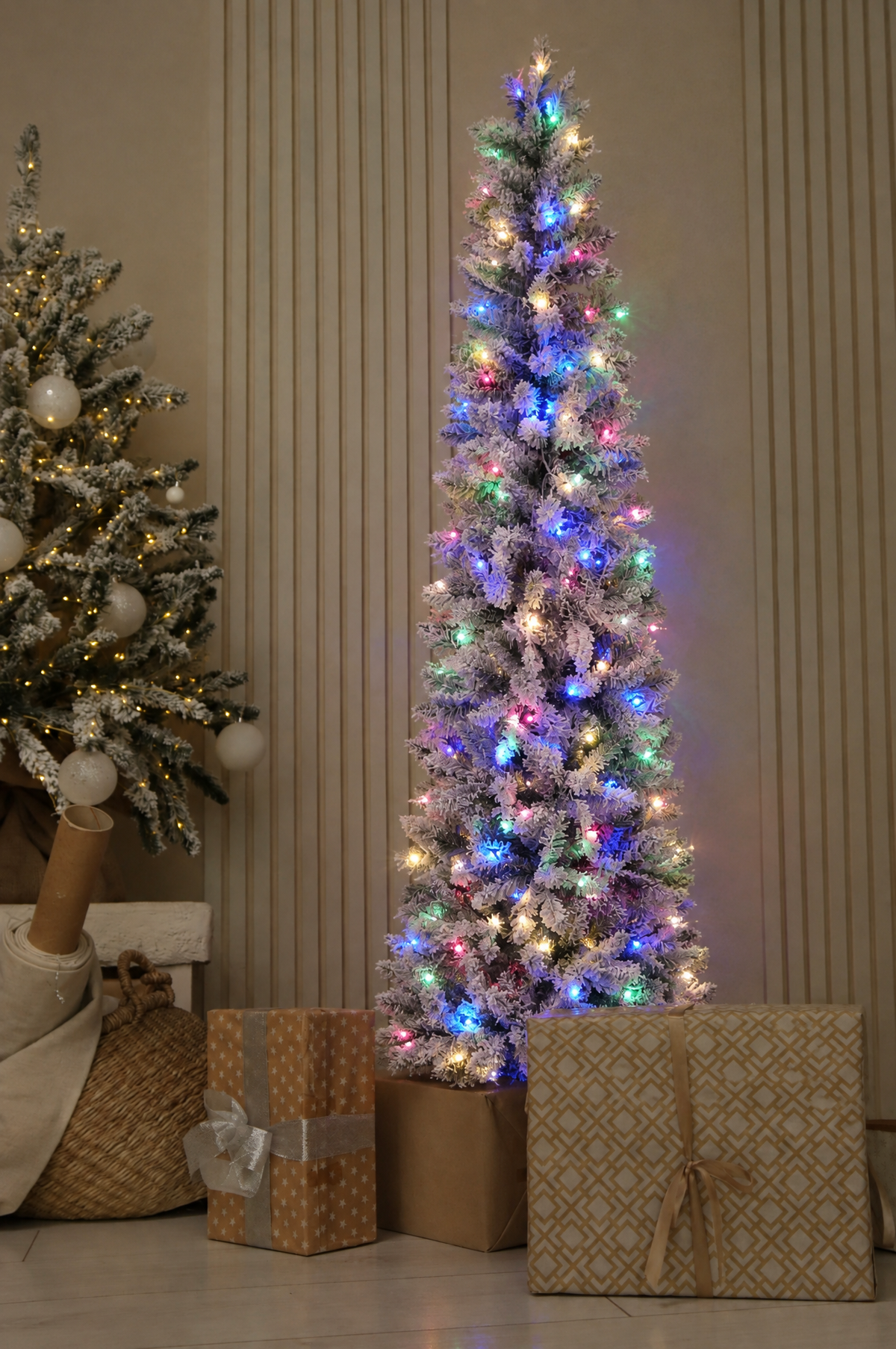 Pre-Lit Flocked Pencil Christmas Tree, 4.5 ft in a real room, wider view