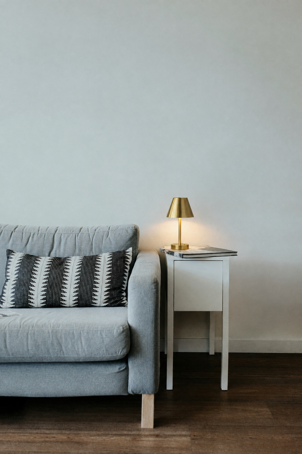 Rechargeable Cordless Table Lamp, Brass-Plated Gold, Touch Dimmer in a real room, wider view