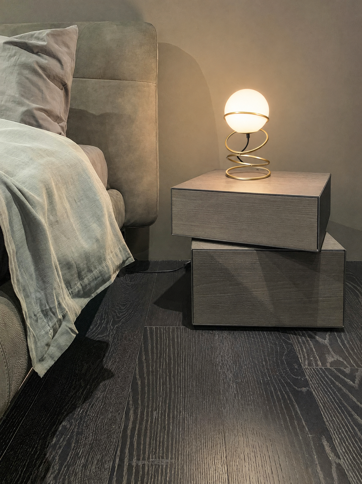 Glass Globe Table Lamp on Matte Gold Spiral Stand, 13.5 in in a real room, wider view