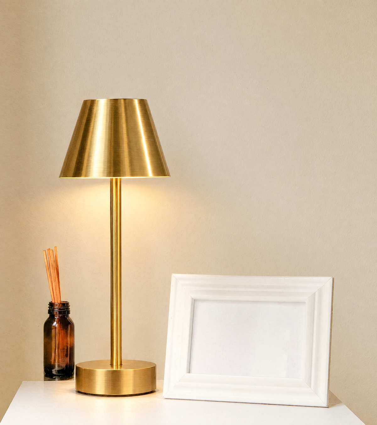 Rechargeable Cordless Table Lamp, Brass-Plated Gold, Touch Dimmer in a real room