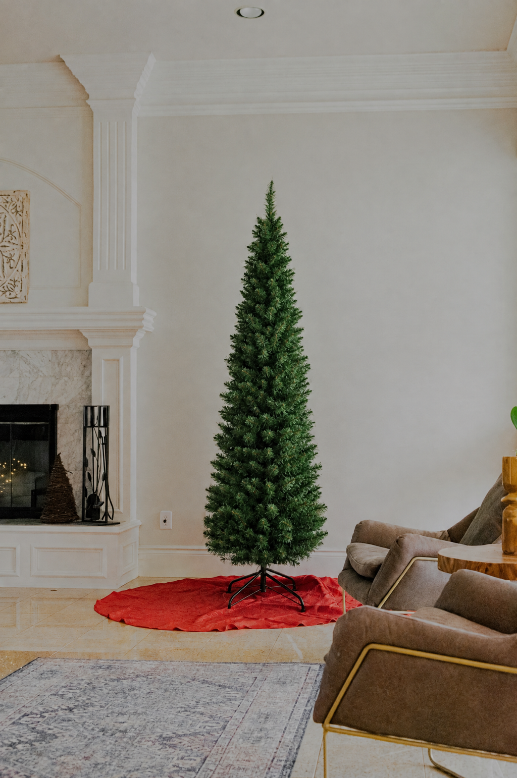 Slim Pencil Christmas Tree, 5 ft, 220 Branch Tips in a real room, wider view
