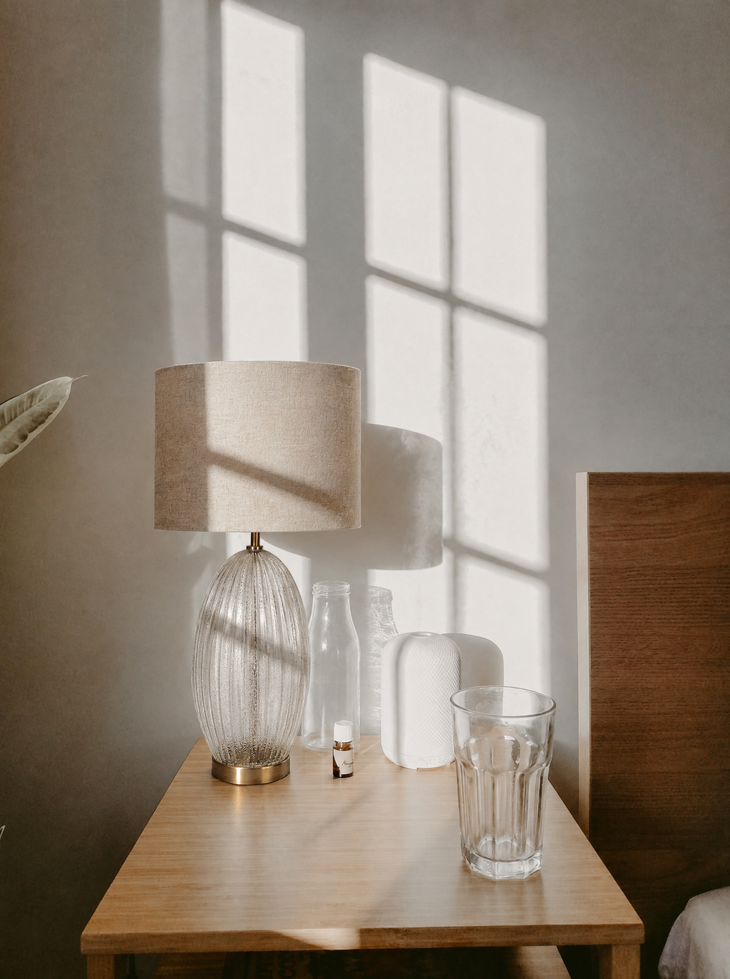 Ribbed Clear Glass Table Lamp with Gold Base and Drum Shade in a real room